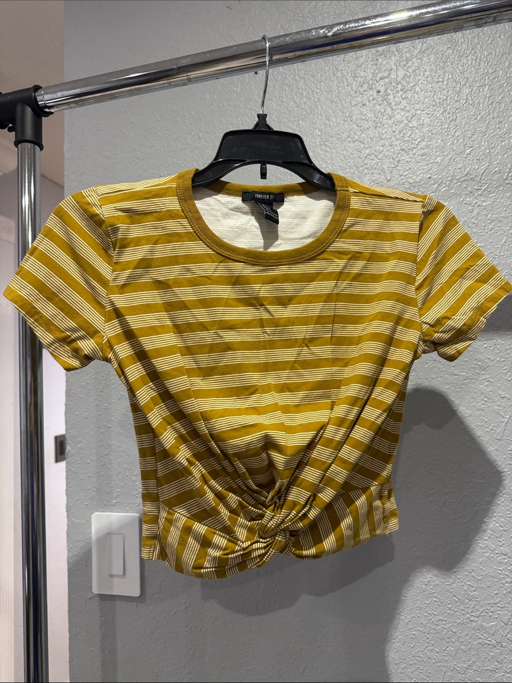 Forever 21 Yellow and White Striped Knot-Front Crop Top